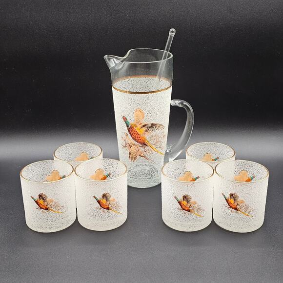 Vintage Pebble Rock Martini Pitcher Set Pheasant Gold Rim 6 Glasses Stirrer 50s - Picture 1 of 9